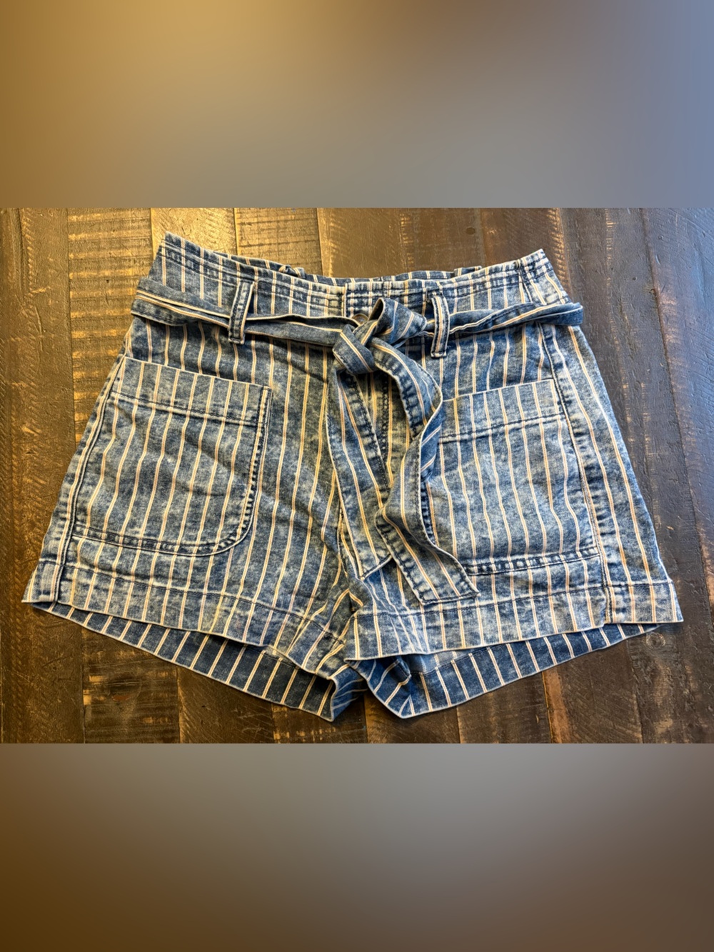 American Eagle Womens Y2K Railroad Striped Denim Shorts Belted Tie Waist Pockets